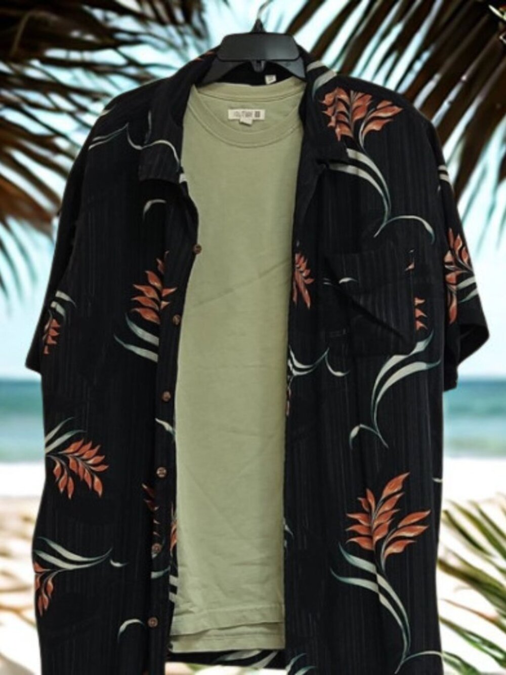 XXL Floral Black Casual Button Down Shirt with Color Coordinated Tee Shirt